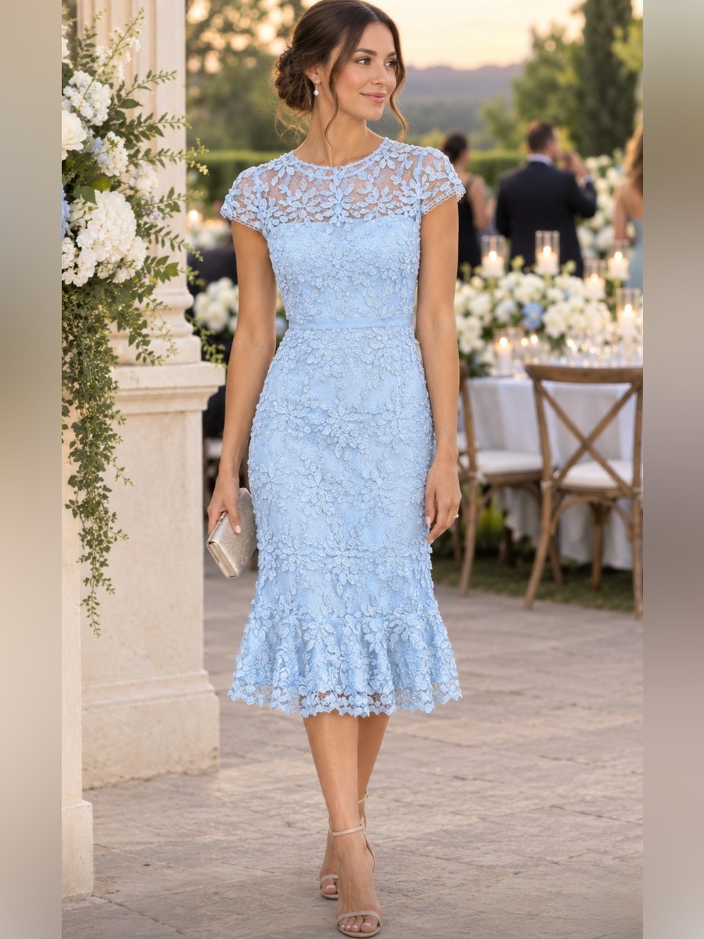 Lulu's Light Blue Embroidered Lace Cap-Sleeve Midi Trumpet Wedding Guest Dress